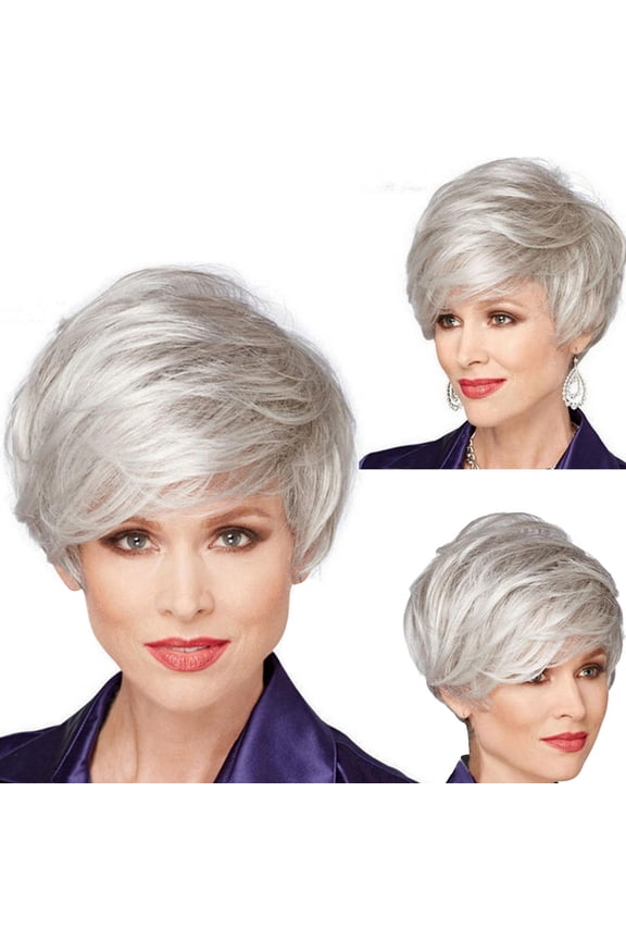 Short Silver Grey Pixie Cut Wigs for Women Human Hair Blend Synthetic Fiber Natural Looking Layered Wig with Bangs Lightweight Adjustable Cap Daily Wear Ready to Wear Short Hair Wig Women