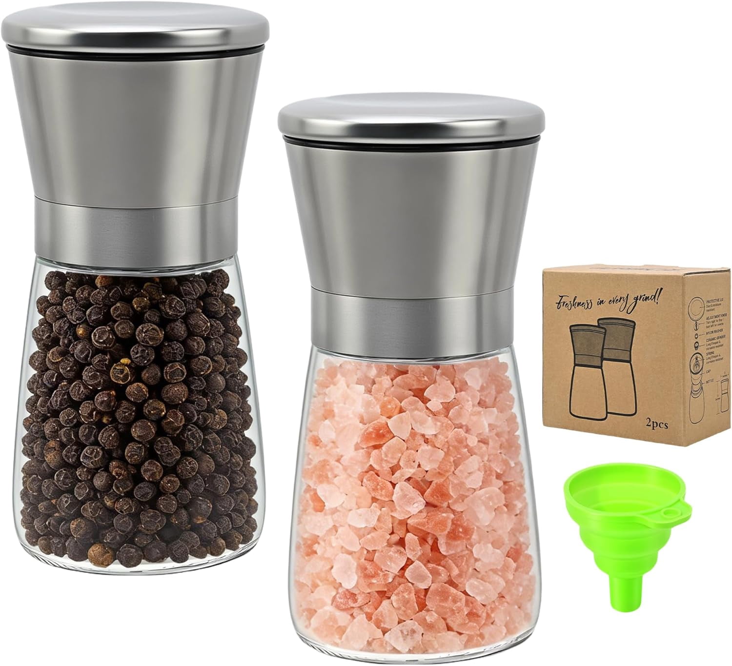 Short Silver Premium Stainless Steel Salt and Pepper Grinder Set of 2，Adjustable Ceramic Mill - Manual Grinder for Salt, Pepper [No Spices Included]