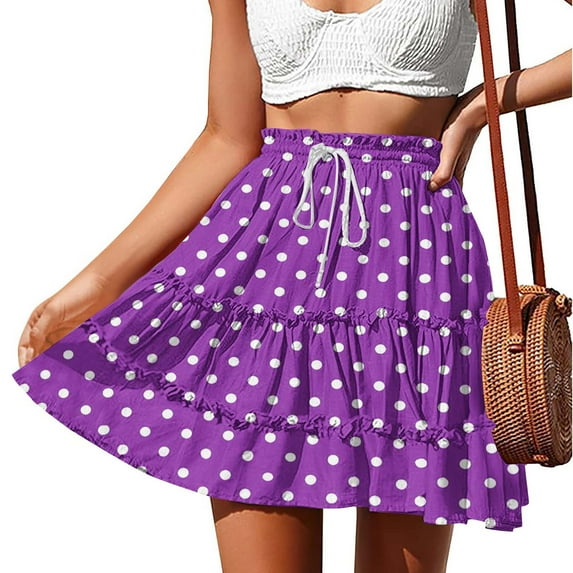 Short Skirts for Women 2X Plus Size Under $10 Summer Polka Print Drawstring Skirt