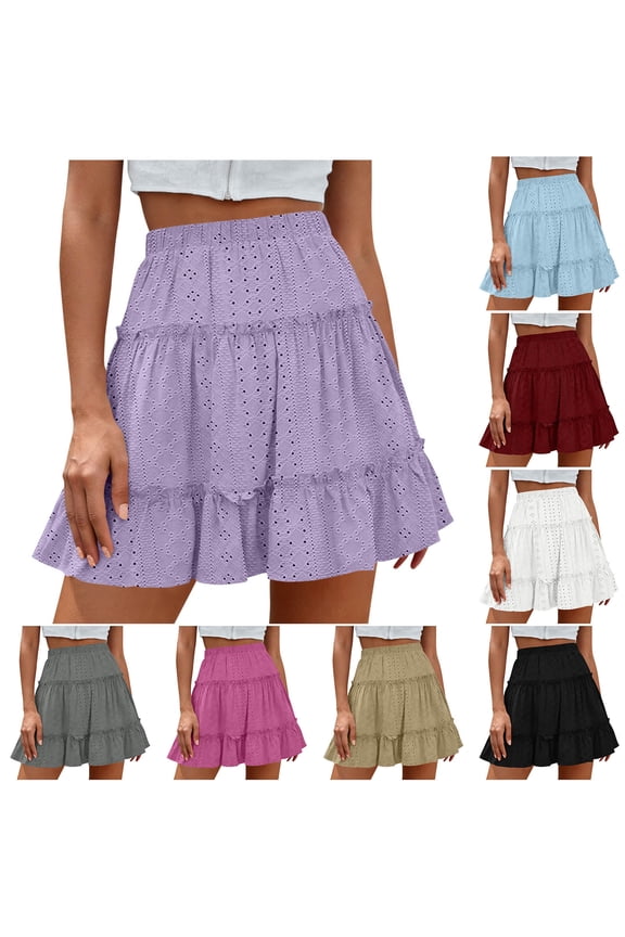 Short Skirts for Women Plus Size Solid Color Elastic Waist Summer Casual Flowy Mini Skirt Pleated Ruffles Skirt Dress