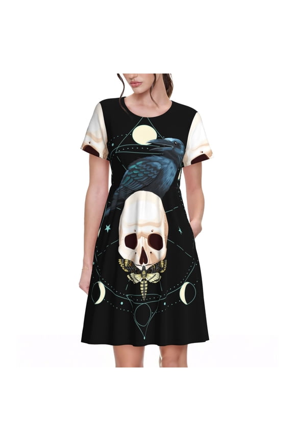 Short Sleeve A Line Dresses Casual Crew Neck Dress Short Sleeve Sundress, Black Raven Skull Moth Moon