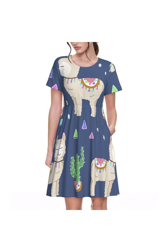 Short Sleeve A Line Dresses Casual Crew Neck Dress Short Sleeve Sundress, Cute Alpaca Cactus Peru Llama