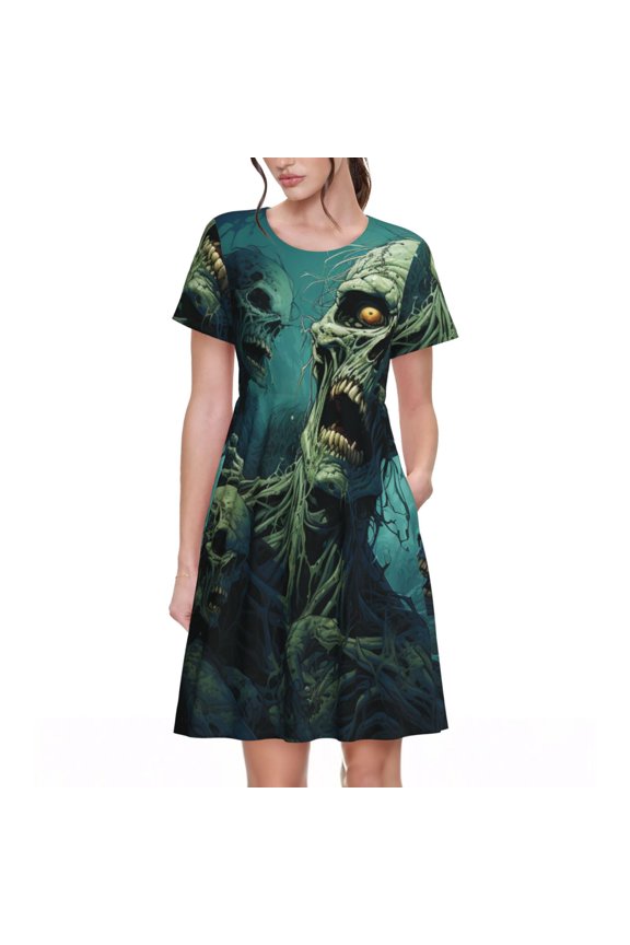Short Sleeve A Line Dresses Casual Crew Neck Dress Short Sleeve Sundress, Zombie Skull Art