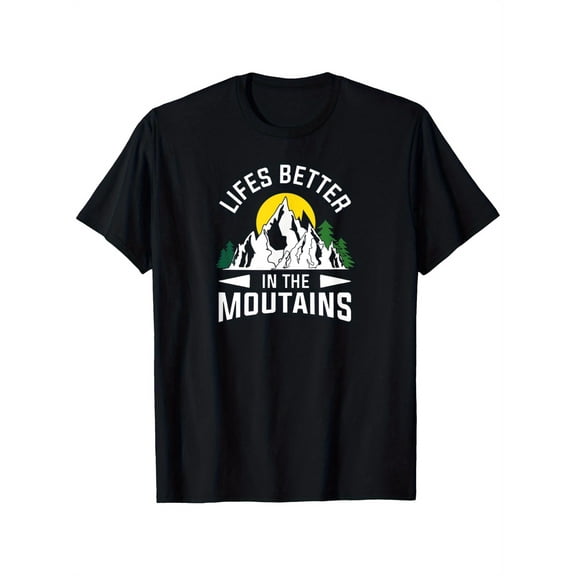 Short Sleeve, All-Season Wear, Black with "LIFES BETTER IN THE MOUNTAINS" Print, Sizes S-XXXL, Perfect for Camping, Hiking & Outdoor Adventures, Camping Gear