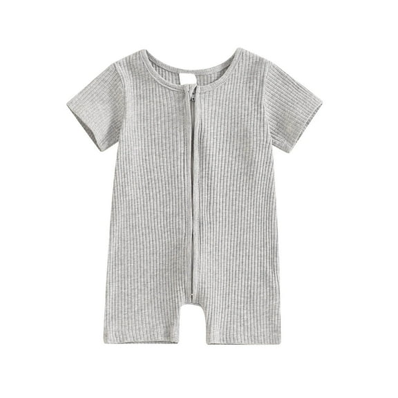 Short Sleeve Baby Romper Solid Color Ribbed Infant Bodysuit with Zipper Comfy Crew Neck 0-12M Summer Jumpsuit