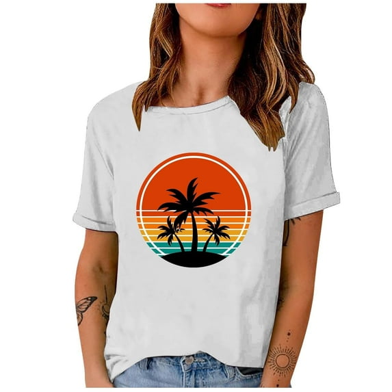 Short Sleeve Beach Tops Vintage Casual Tee Crewneck for Women Country Graphic Western Shirts Summer T Shirt White XXL