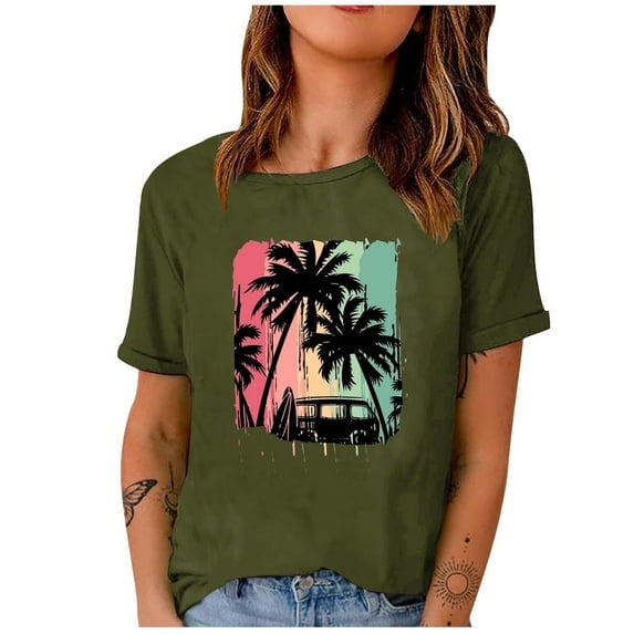 Short Sleeve Beach Tops Vintage Casual Tee Crewneck for Women Country Graphic Western Shirts Summer T Shirt Army Green L