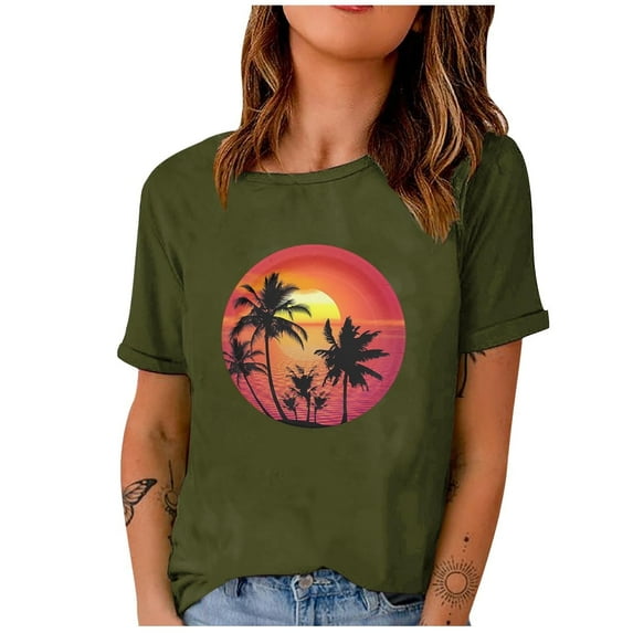 Short Sleeve Beach Tops Vintage Casual Tee Crewneck for Women Country Graphic Western Shirts Summer T Shirt Army Green XXL