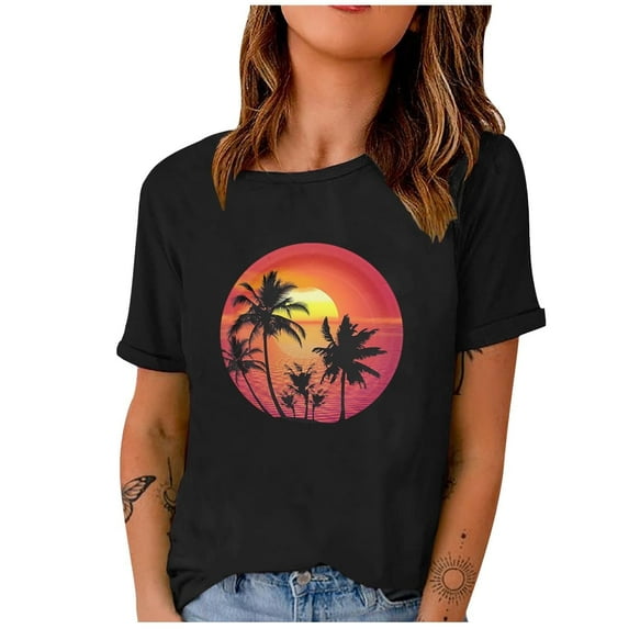 Short Sleeve Beach Tops Vintage Casual Tee Crewneck for Women Country Graphic Western Shirts Summer T Shirt Black M