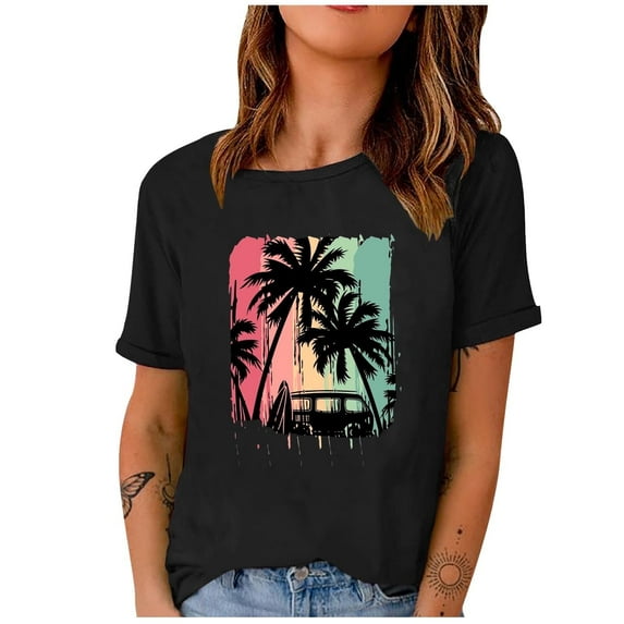 Short Sleeve Beach Tops Vintage Casual Tee Crewneck for Women Country Graphic Western Shirts Summer T Shirt Black S