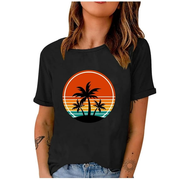 Short Sleeve Beach Tops Vintage Casual Tee Crewneck for Women Country Graphic Western Shirts Summer T Shirt Black S