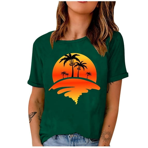 Short Sleeve Beach Tops Vintage Casual Tee Crewneck for Women Country Graphic Western Shirts Summer T Shirt Green M