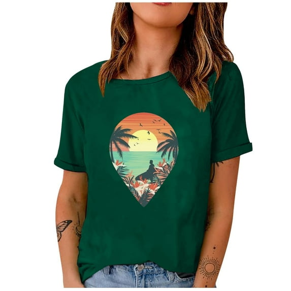 Short Sleeve Beach Tops Vintage Casual Tee Crewneck for Women Country Graphic Western Shirts Summer T Shirt Green S