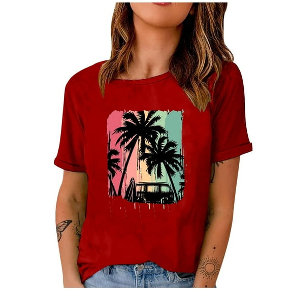 Short Sleeve Beach Tops Vintage Casual Tee Crewneck for Women Country Graphic Western Shirts Summer T Shirt Red M