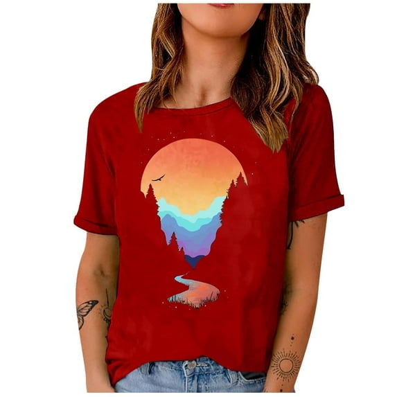 Short Sleeve Beach Tops Vintage Casual Tee Crewneck for Women Country Graphic Western Shirts Summer T Shirt Red M