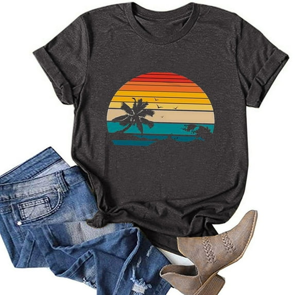 Short Sleeve Beach Tops Vintage Casual Tee Crewneck for Women Country Graphic Western Shirts Summer T Shirt