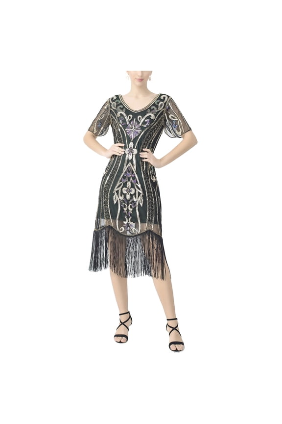 Short Sleeve Beaded Flapper Style Dress 1920'S Flapper Fringe Gatsby Party