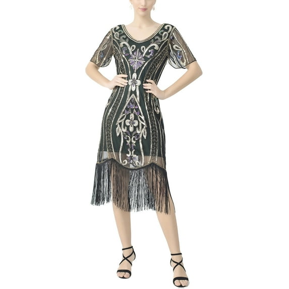 Short Sleeve Beaded Flapper Style Dress 1920'S Flapper Fringe Gatsby Party