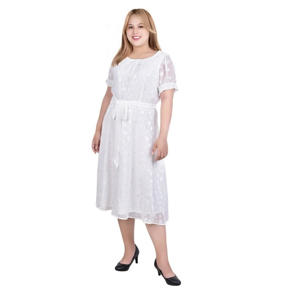 Short Sleeve Belted Swiss Dot Dress