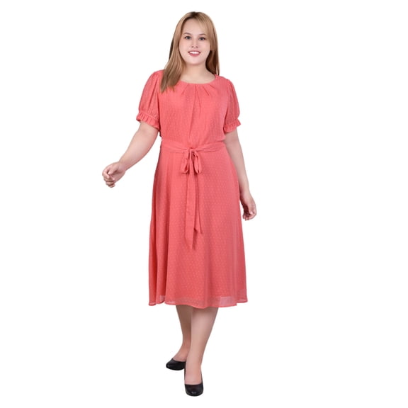 Short Sleeve Belted Swiss Dot Dress