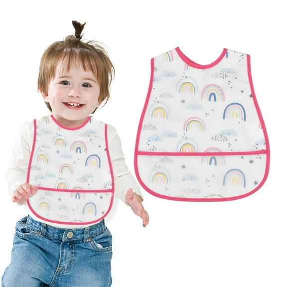 Short Sleeve Bib for Toddlers and Kids,Large Size with Rainbow Design for Eating and Play,Soft Fabric Apron for Mess Saving,Cute and Functional