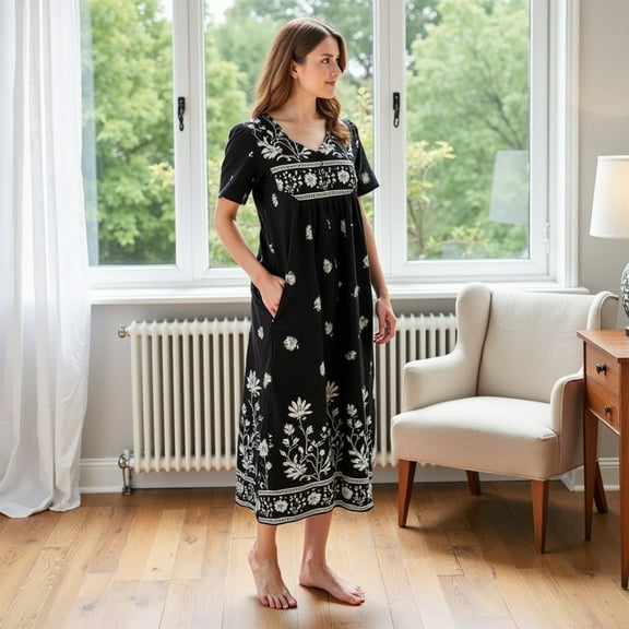 Loungees Women's Cotton Short Sleeve Black Lounge Dress/House Dress/MuuMuu/Sleepwear/Nightgown - 3 Button Yoke and Pockets Sizes S-3X