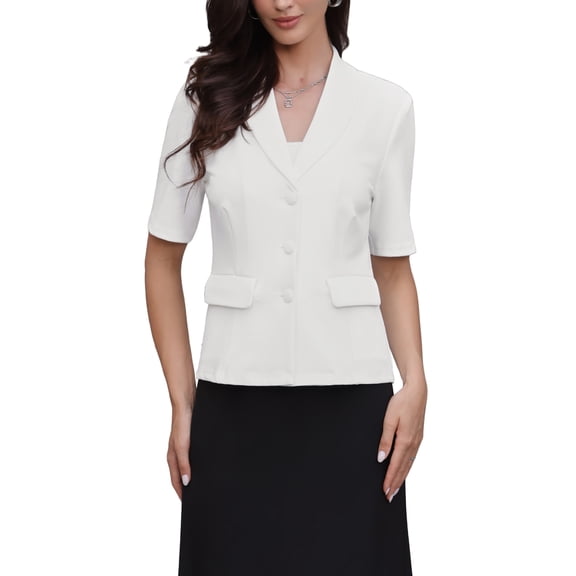 Short Sleeve Blazer for Women Summer Button Business Casual Office Work Suit Jacket M Cream White