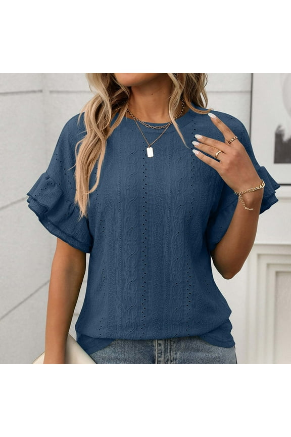Short Sleeve Blouse Women Lotus sleeves Waffle Knit Hollow Out Summer Short Sleeve Crewneck Dressy Shirts Casual Tunic Tops