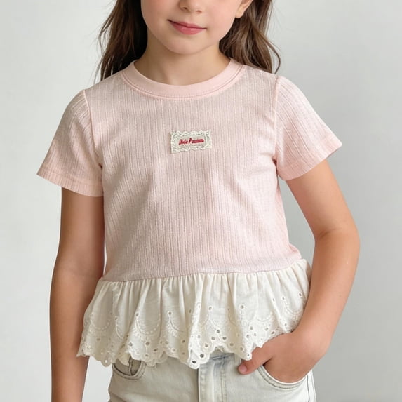 Short Sleeve Blouse for Girls Toddler Ribbed Knit Top with Lace Eyelet Peplum Hem Back to School Elegant Summer Casual Outfits