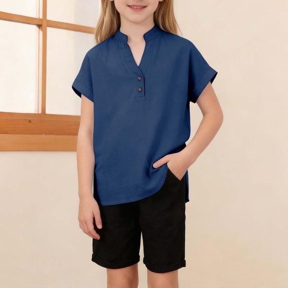 Short Sleeve Blouse for Girls V-Neck Button Collar Rolled Cuffs Top Kids Daily School Playwear Comfort Summer Casual Clothes for Teen