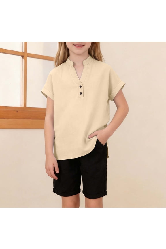 Short Sleeve Blouse for Girls V-Neck Button Collar Rolled Cuffs Top Kids Daily School Playwear Comfort Summer Casual Clothes for Teen