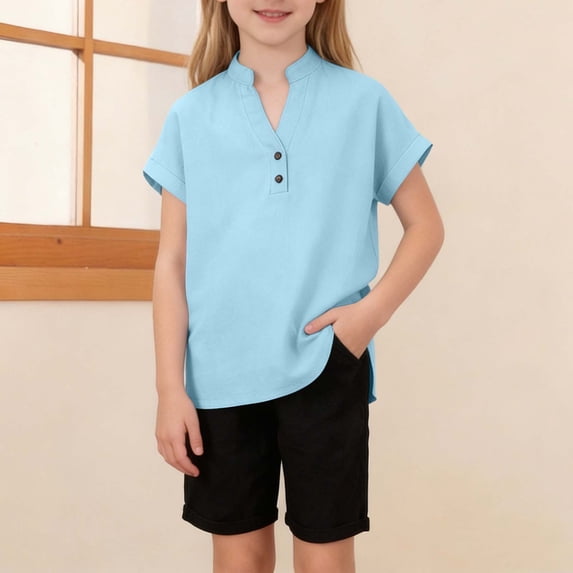 Short Sleeve Blouse for Girls V-Neck Button Collar Rolled Cuffs Top Kids Daily School Playwear Comfort Summer Casual Clothes for Teen