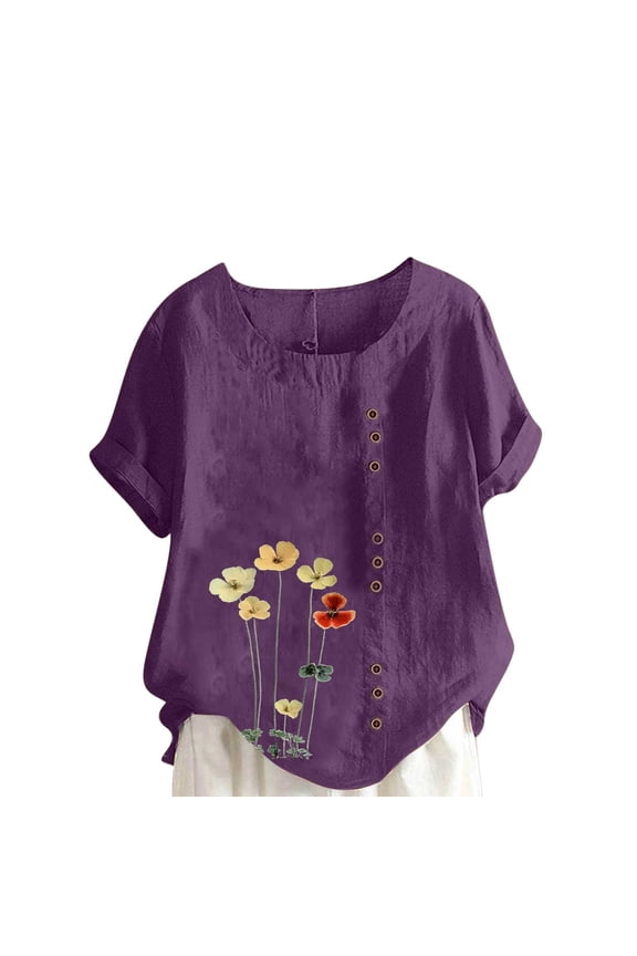 Short Sleeve Blouse for Women Fashion Print Decorative Buttons Casual Outdoor Plus Size Tunic Tops My Items Womens Tops