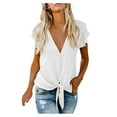 thumbnail image 1 of Short Sleeve Blouses Button-Down Shirts for Women Summer Deep V Neck Sleeve Front Tie Casual Shirt Tops, 1 of 6