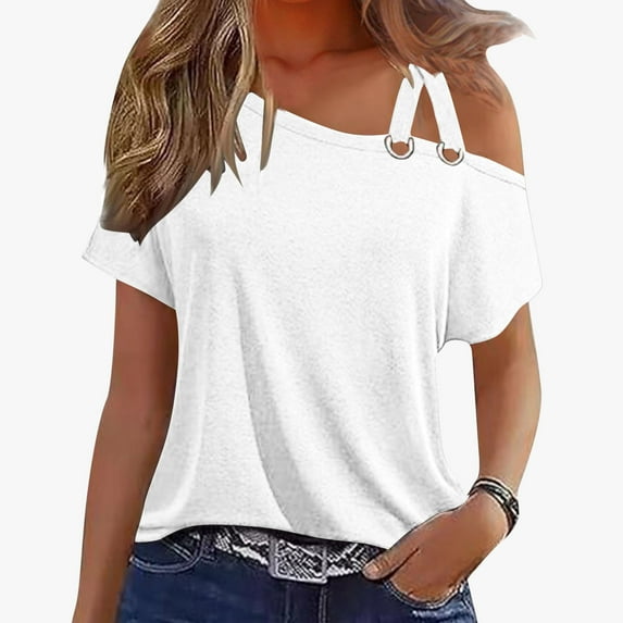 Short Sleeve Blouses for Women Casual Summer Tops for Women 2025 Short Sleeve One Shoulder Tunic Tops for Women Solid Color Shirts Tops
