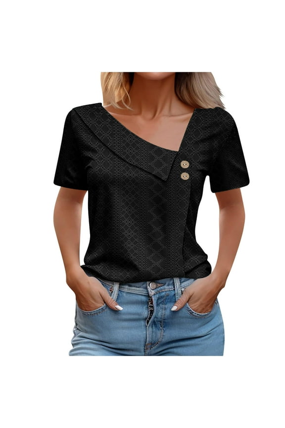 Short Sleeve Blouses for Women Elegant Plain V Neck Eyelet Tops Dressy Work Blouse Slim Fitted Trendy Casual Tunic Tops Soft Lightweight Party Tee Shirts Ladies Summer Tops
