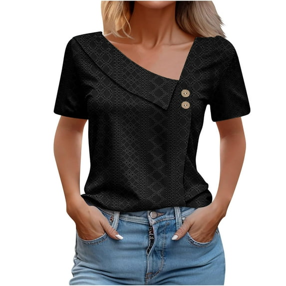 Short Sleeve Blouses for Women Elegant Plain V Neck Eyelet Tops Dressy Work Blouse Slim Fitted Trendy Casual Tunic Tops Soft Lightweight Party Tee Shirts Ladies Summer Tops