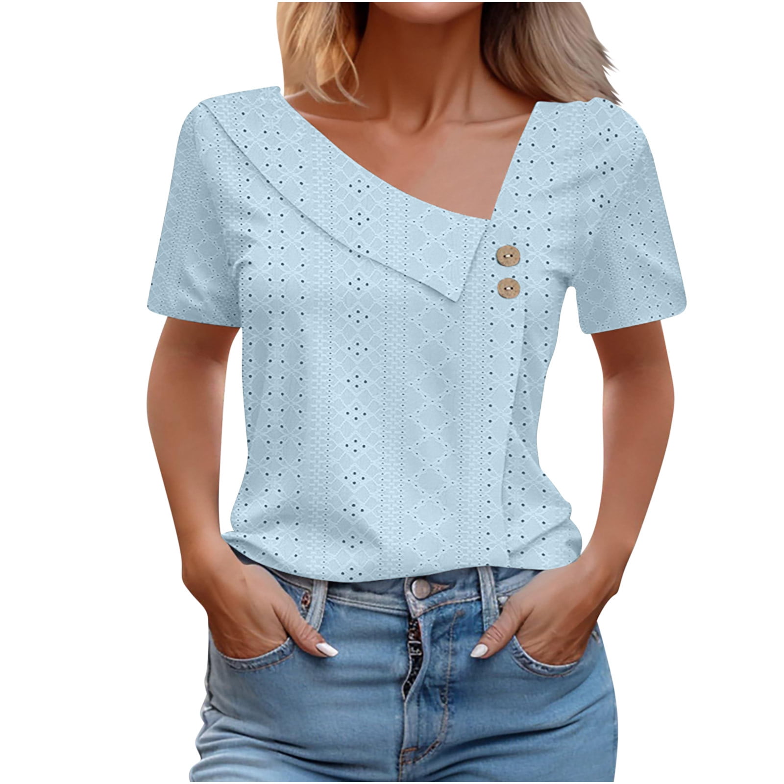 Summer T-Shirts for Women Solid Color Irregular V-Neck Pullover Short ...