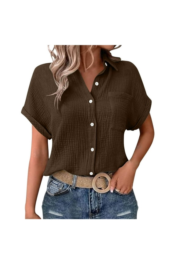 Short Sleeve Blouses for Women Linen Button Down Shirt Casual Loose Office Work Blouse Cotton Linen V Neck Tops Summer Spring Blouse Tee Shirts Going Out Top