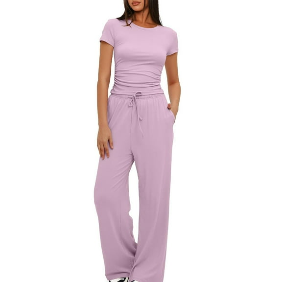 Short Sleeve Blouses for Women,Short Sets for Women,2Pc Fashion Women Round Neck Solid Short Sleeve Blouse  Long Pants Elastic Waist Sets,Womens Short Sets for Summer