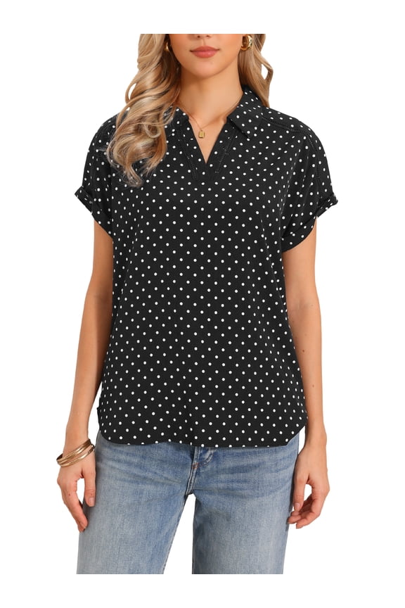 Short Sleeve Blouses for Women Business Casual Polka Dots Print V Neck Work Office Tops XS Black