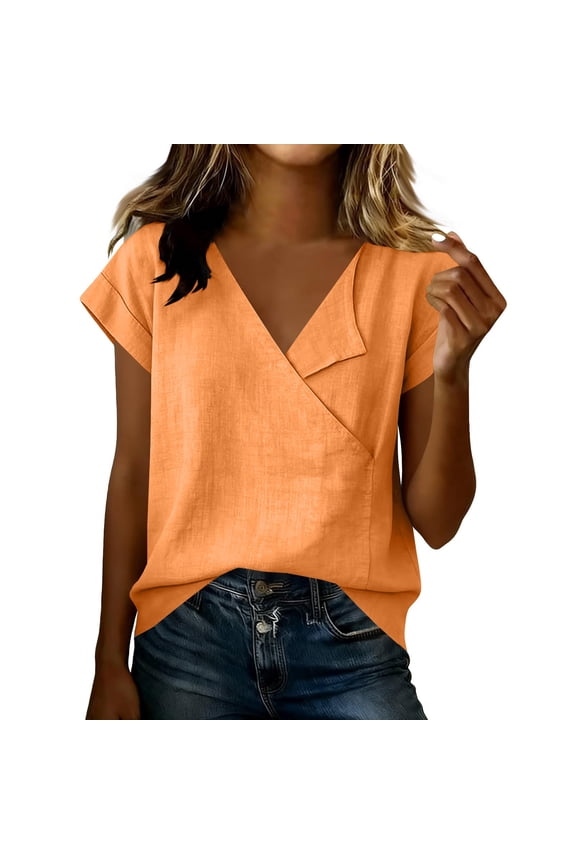 Short Sleeve Blouses for Women Cotton Linen Tops V Neck Wrap Tops Loose Fit Casual Vacation Summer Daily Blouses by Yigetop Orange L