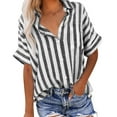 thumbnail image 1 of Short Sleeve Blouses for Women Dressy Casual Buttons up Shirt Lapel Collar Shirt Vertical Striped Tops Linen Blouse, 1 of 6