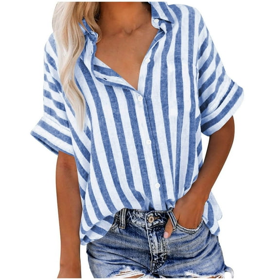Short Sleeve Blouses for Women Dressy Casual Buttons up Shirt Lapel Collar Shirt Vertical Striped Tops Linen Blouse