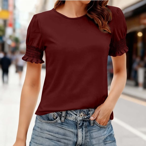 Short Sleeve Blouses for Women Dressy Casual Tunic Tops with Smocked Cuffs Solid Color Round Neck Loose T-Shirt Wine M