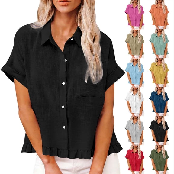 Short Sleeve Blouses for Women Fashion Spring Clothing Fabric Solid Color Front Pocket Hem Fringe Short Sleeve Flared Collar Top