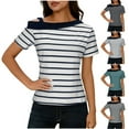 thumbnail image 1 of Short Sleeve Blouses for Women Fashion Striped Casual Short-Sleeve Off-Shoulder Patchwork T-Shirts Top, 1 of 10