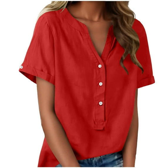 Short Sleeve Blouses for Women Linen Inspired V-Neck Buttoned Half-Open Front Fashion Solid Color Short Sleeve T-Shirts Top
