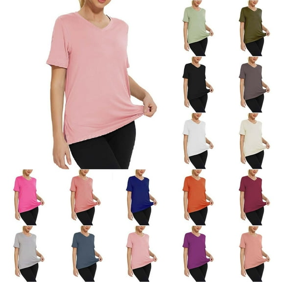 Short Sleeve Blouses for Women Solid Color V-Neck Short Sleeved Casual T-Shirts