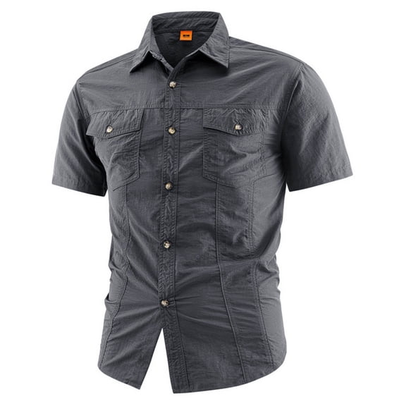 Short Sleeve Button Down Fishing Shirt for Men Regular Fit Nylon Work Shirt with Flap Pocket Work Utility Top for Men Size M-5XL Dark Gray